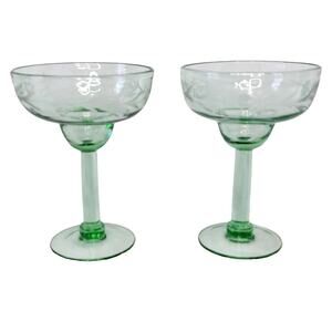 Bobby Flay BFZ1 Green Etched Floral Margarita Glasses Hand Blown Set of 2